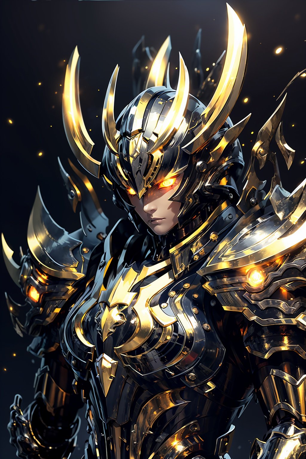 HeiJing1, solo, 1boy, male focus, armor, black background, glowing, glowing eyes, upper body, horns, helmet, looking at viewer, full armor, orange eyes