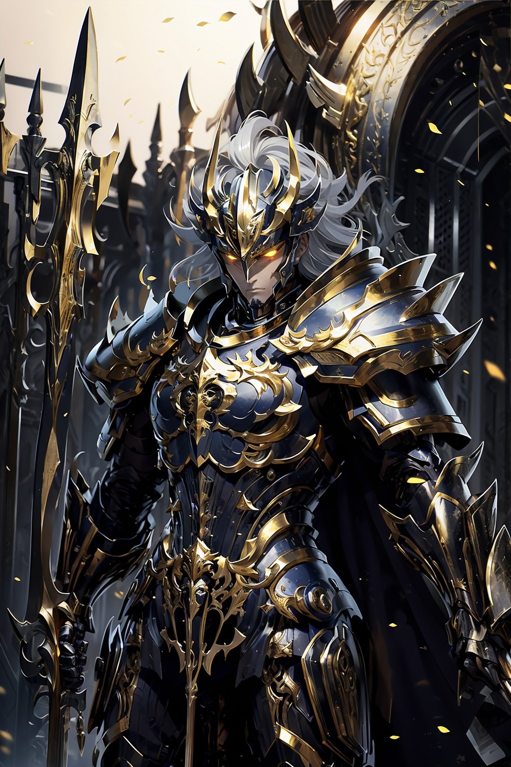 HeiJing1, weapon, armor, solo, holding weapon, helmet, holding, polearm, 1boy, male focus, long hair, full armor, gauntlets, shoulder armor, cape, pauldrons, holding polearm, standing, gold armor, breastplate, closed mouth, spear