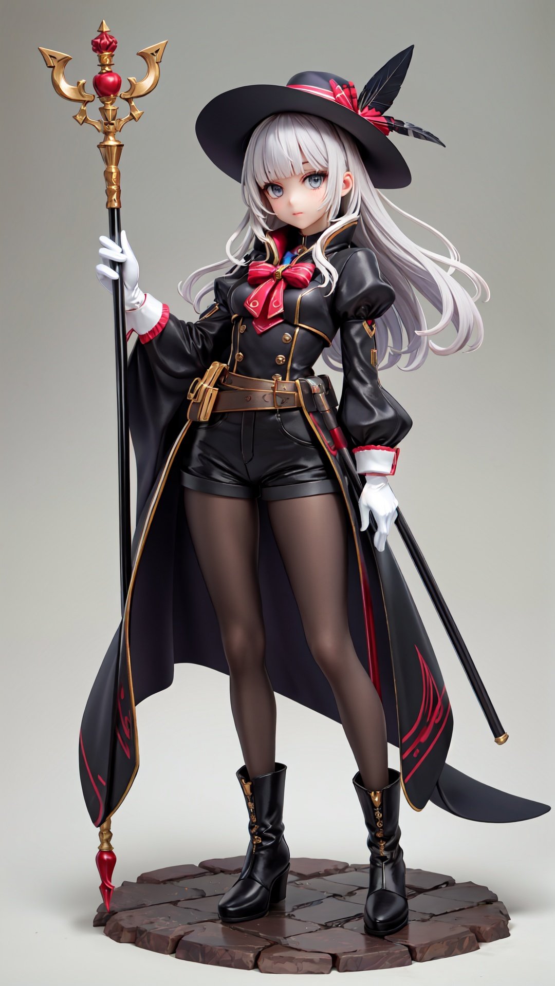  1girl, solo, cane, hat, gloves, long hair, feathers, pantyhose, white gloves, holding cane, full body, standing, shorts, black headwear, boots, looking at viewer, black footwear, cape, holding, black pantyhose, black cape, hat feather, grey eyes, high-waist shorts, long sleeves, grey hair, staff, puffy sleeves, ankle boots, white hair, bangs,cuteloli, baimecha