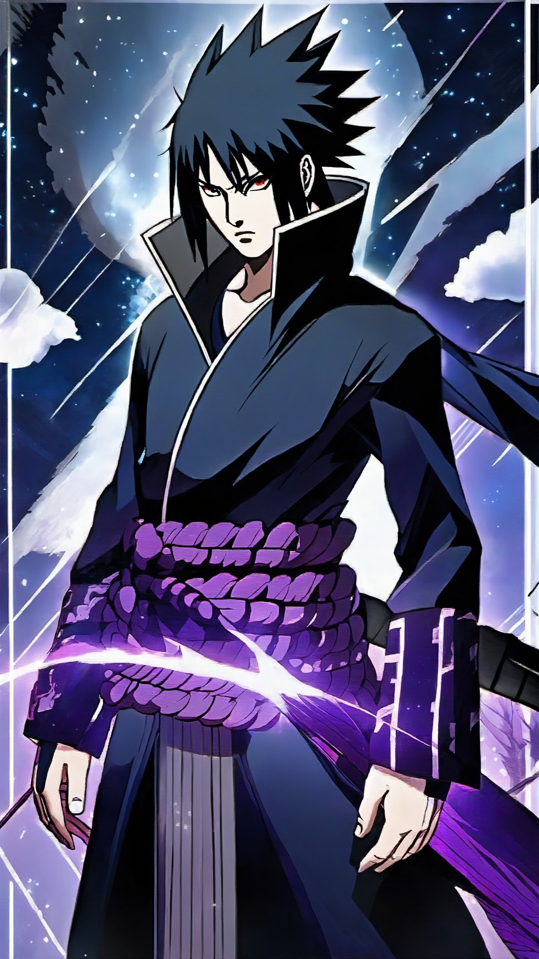 Sasuke, cold, handsome, invincible, Dark (Advanced Color Art) (Intricate Detailed Advanced Color) Ultra-dark purple natural energy surrounds him, and his appearance and features can be seen continuing to display a powerful and mysterious beauty. The side view shows his slender neck and straight shoulders, which perfectly accentuate the lines of his body. His crow eyes are even deeper under the profile of his face, and his pupils are shining with mysterious light.