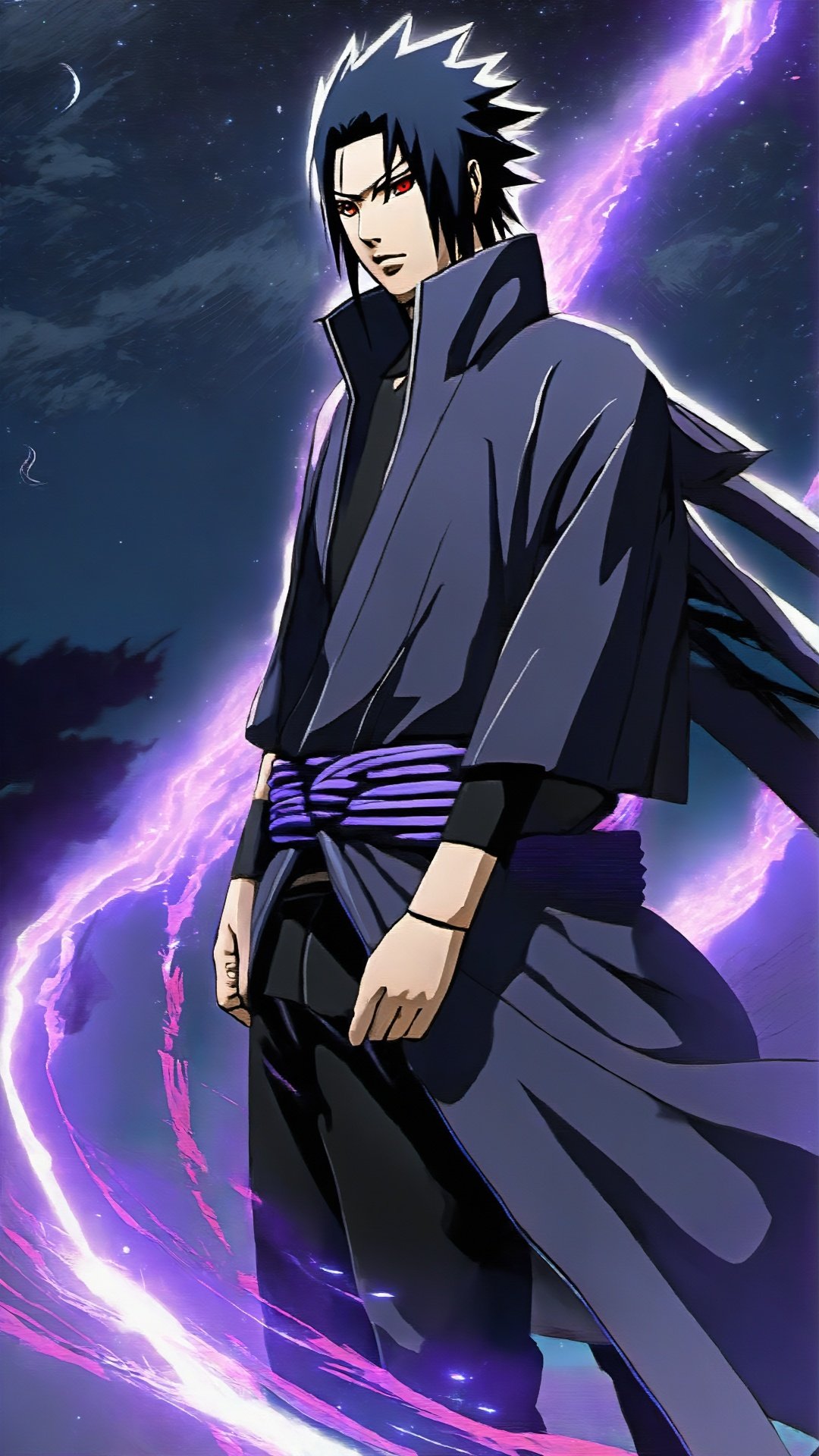 Sasuke, cold, handsome, invincible, Dark (Advanced Color Art) (Intricate Detailed Advanced Color) Ultra-dark purple natural energy surrounds him, and his appearance and features can be seen continuing to display a powerful and mysterious beauty. The side view shows his slender neck and straight shoulders, which perfectly accentuate the lines of his body. His crow eyes are even deeper under the profile of his face, and his pupils are shining with mysterious light.