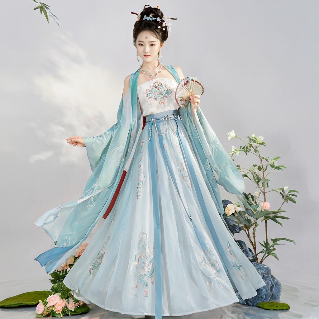  masterpiece, HanFu, 1girl, solo, Lovely, Look at me, jewelry, necklace, hair ornament, black hair, full body, dress, chinese clothes, standing, hair bun, tiara, White background wall, Pick flower carvings on the wall, rise and dance in a happy mood, Potted plant, Petals on the ground, Dunhuang dress, Fan in hand, textured skin, super detail, best quality