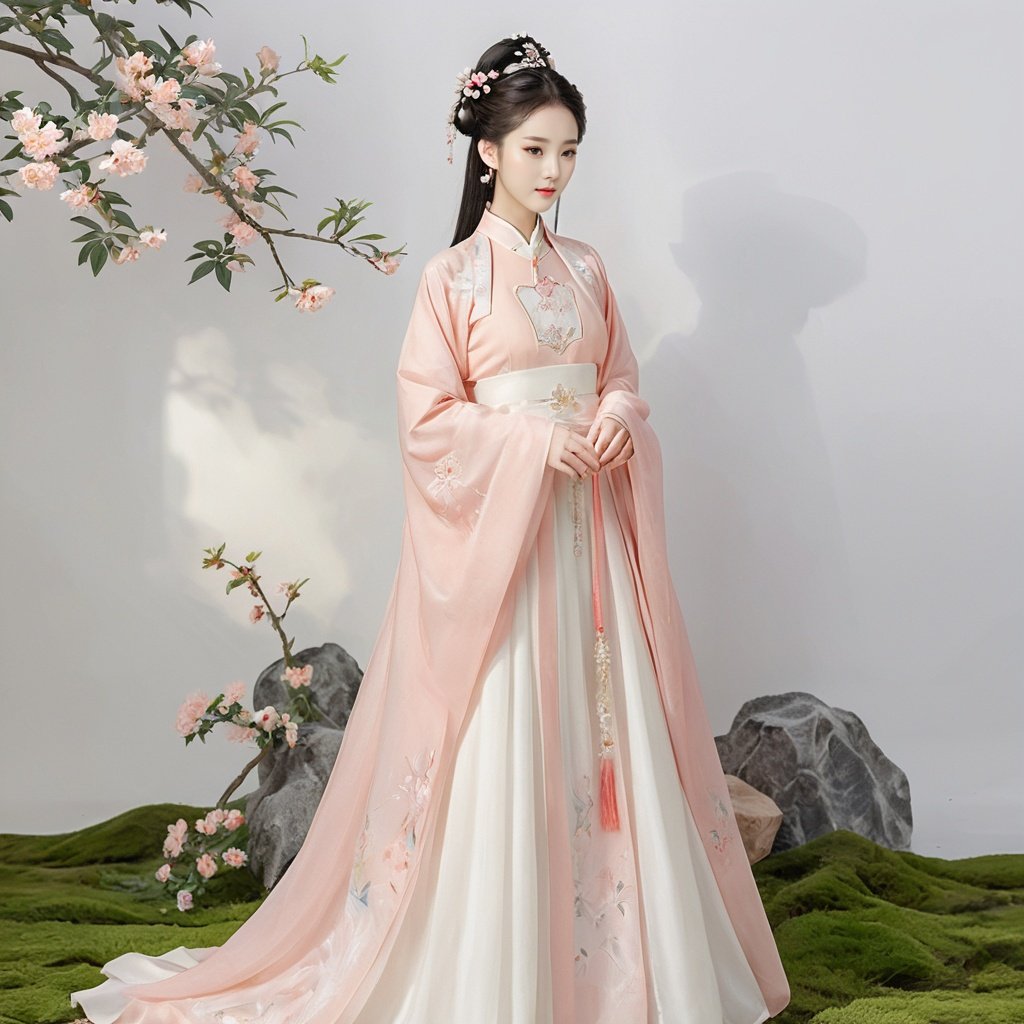  masterpiece, HanFu, 1 girl, solo, Lovely, Look at me, jewelry, necklace, hair ornament, Tea hair, full body, dress, chinese clothes, standing, tiara, White background wall, Peach tree, Potted plant, Petals on the ground, Landscape mural, Photographic sets, Light and shadow, Chinese clothing with gradual change of color, textured skin, super detail, best quality