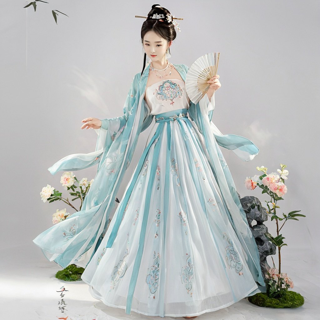  masterpiece, HanFu, 1girl, solo, Lovely, Look at me, jewelry, necklace, hair ornament, black hair, full body, dress, chinese clothes, standing, hair bun, tiara, White background wall, Pick flower carvings on the wall, rise and dance in a happy mood, Potted plant, Petals on the ground, Dunhuang dress, Fan in hand, textured skin, super detail, best quality