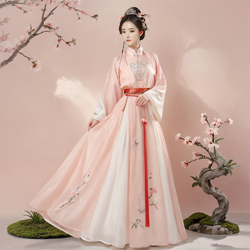 masterpiece, HanFu, 1 girl, solo, Lovely, Look at me, jewelry, necklace, hair ornament, Tea hair, full body, dress, chinese clothes, standing, tiara, White background wall, Peach blossom tree decoration, Potted plant, Petals on the ground, Landscape mural, Photographic sets, Light and shadow, textured skin, super detail, best quality <lora:ChineseHanFu_V1-000006:0.6>