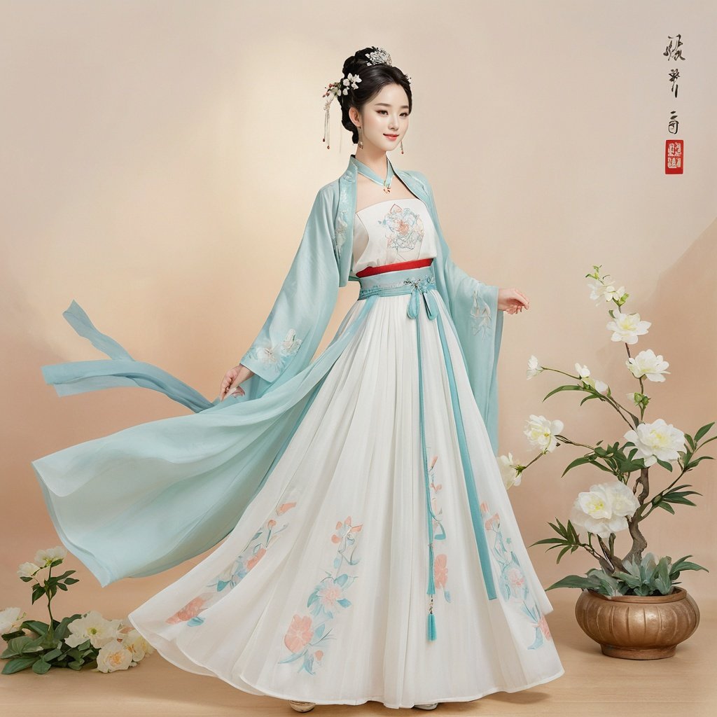  masterpiece, HanFu, 1girl, solo, Lovely, Look at me, jewelry, necklace, hair ornament, black hair, full body, dress, chinese clothes, standing, hair bun, tiara, White background wall, Pick flower carvings on the wall, rise and dance in a happy mood, Potted plant, Petals on the ground, Dunhuang dress, textured skin, super detail, best quality