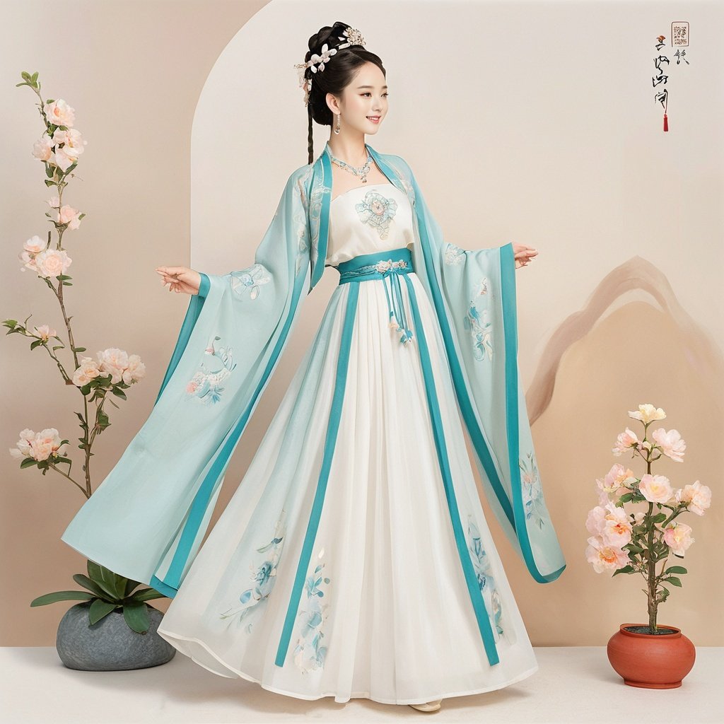  masterpiece, HanFu, 1girl, solo, Lovely, Look at me, jewelry, necklace, hair ornament, black hair, full body, dress, chinese clothes, standing, hair bun, tiara, White background wall, Pick flower carvings on the wall, rise and dance in a happy mood, Potted plant, Petals on the ground, Dunhuang dress, textured skin, super detail, best quality