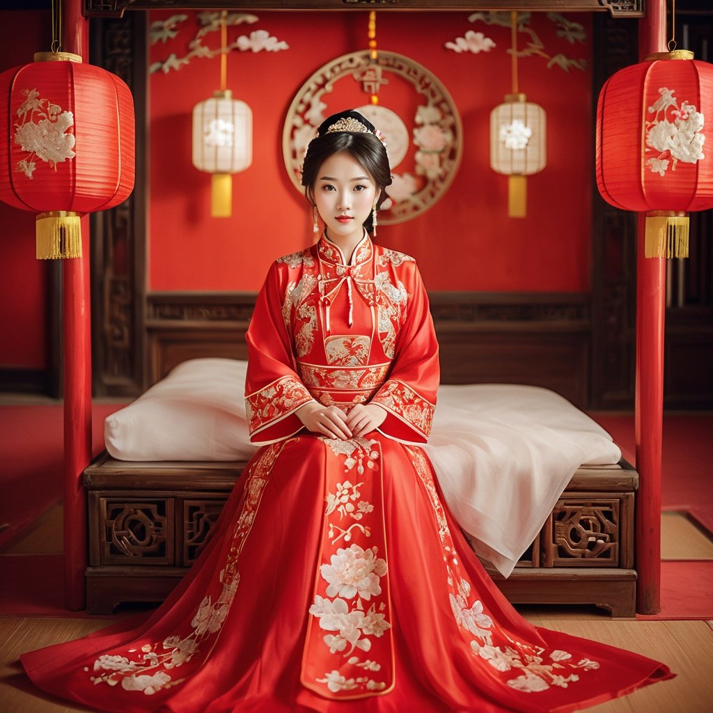  A cute Chinese girl in a red traditional wedding dress is looking at me tenderly in the night indoors. Behind her is a typical Chinese architecture with rich scene details such as red lanterns, couplets, porcelain, etc. The room is filled with warmth and joy, exuding the atmosphere of a Chinese wedding. The girl's delicate features and gentle expression make her look even more charming. The intricate patterns on her dress and the decorations in the room reflect the beauty of Chinese culture. This photo perfectly captures the essence of a Chinese wedding, full of love and happiness. High quality, high resolution, detailed, vibrant, warm, romantic, traditional, cultural elements, intimate moment, soft lighting, beautiful bride, traditional Chinese architecture, rich scene details.