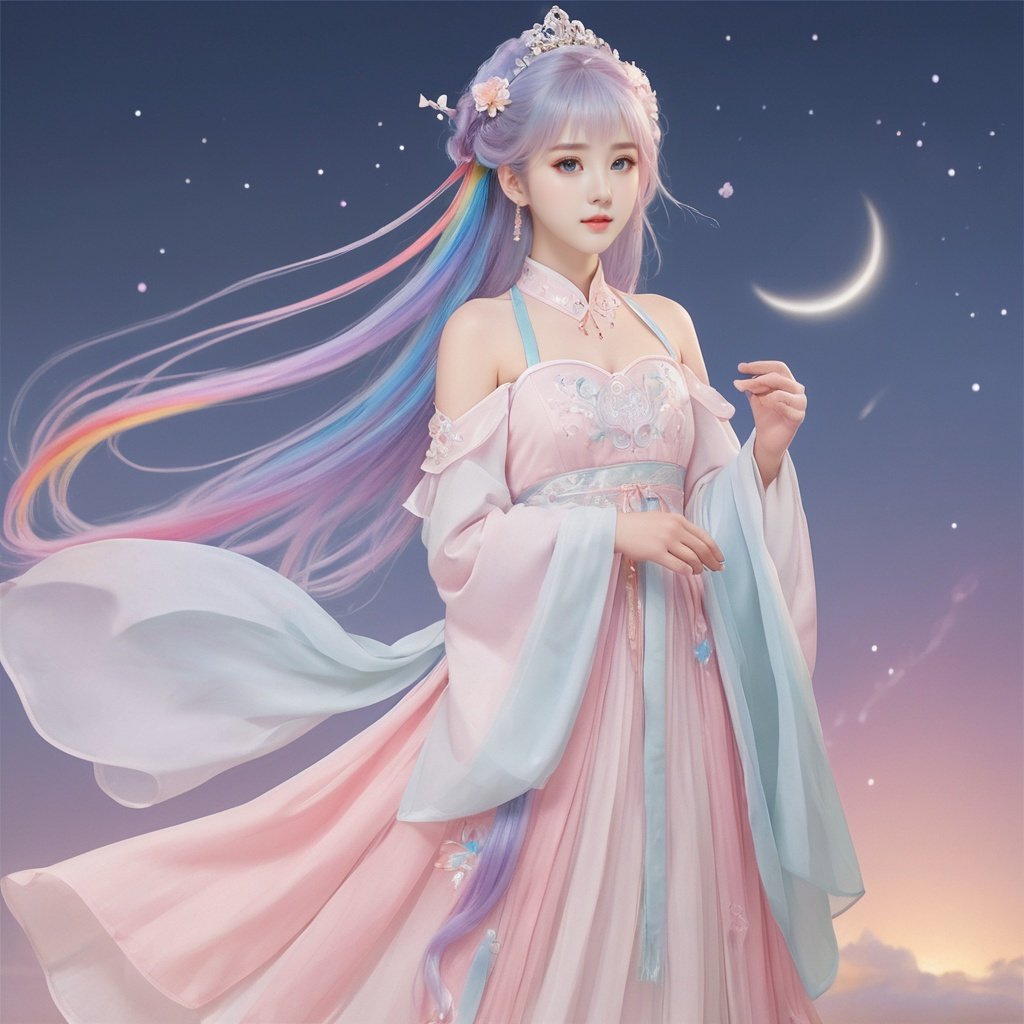  extremely detailed CG, 8k_wallpaper, masterpiece, watercolor_, medium, beautiful detailed starry sky, cinmatic lighting, princess, very long rainbow hair, looking at viewer, full body, frills, far from viewer, extremely detailed face, an extremely delicate and beautiful girl, extremely detailed cute anime face, extremely detailed eyes, extremely detailed body, ultra detailed, bare stomach, bare shoulder, small breast, sideboob, floating and rainbow hair, Iridescence and rainbow hair, Iridescence and rainbow eyes, beautiful detailed hair, beautiful detailed dress, dramatic angle, expressionless, big top sleeves, frills, blush, ahoge, hanfu, Chinese horse face skirt, illustration, best quality