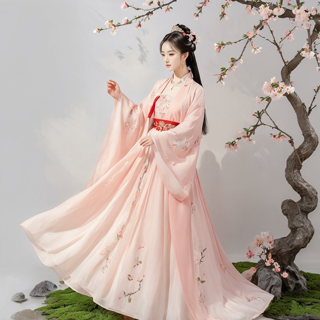  masterpiece, HanFu, 1 girl, solo, Lovely, Look at me, jewelry, necklace, hair ornament, Tea hair, full body, dress, chinese clothes, standing, tiara, White background wall, Peach blossom tree decoration, Potted plant, Petals on the ground, Landscape mural, Photographic sets, Light and shadow, textured skin, super detail, best quality