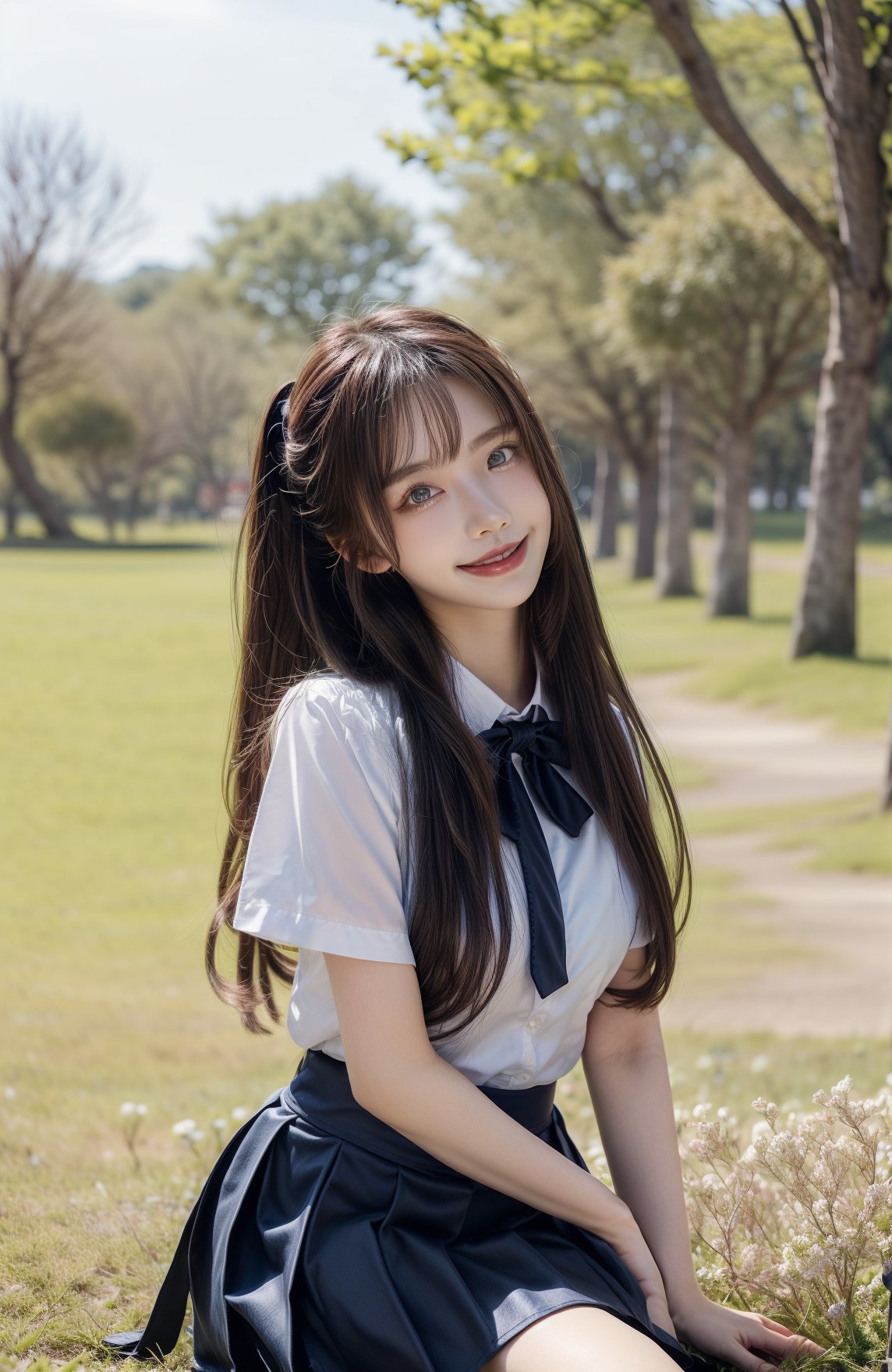 shiroko(terror), shirokoterror, (Best Quality, 8K, ultra-detailed, Masterpiece: 1.3),  1girl, solo, pleated skirt, black skirt, smiling, looking at viewer, blue eyes, smile, long hair, park, bow tie, (black hair:1.3), blue eyes, halo, long white shirt, side updo hairstyle, sitting in a field of Lycoris flowers,colorful_girl_v2,realhands