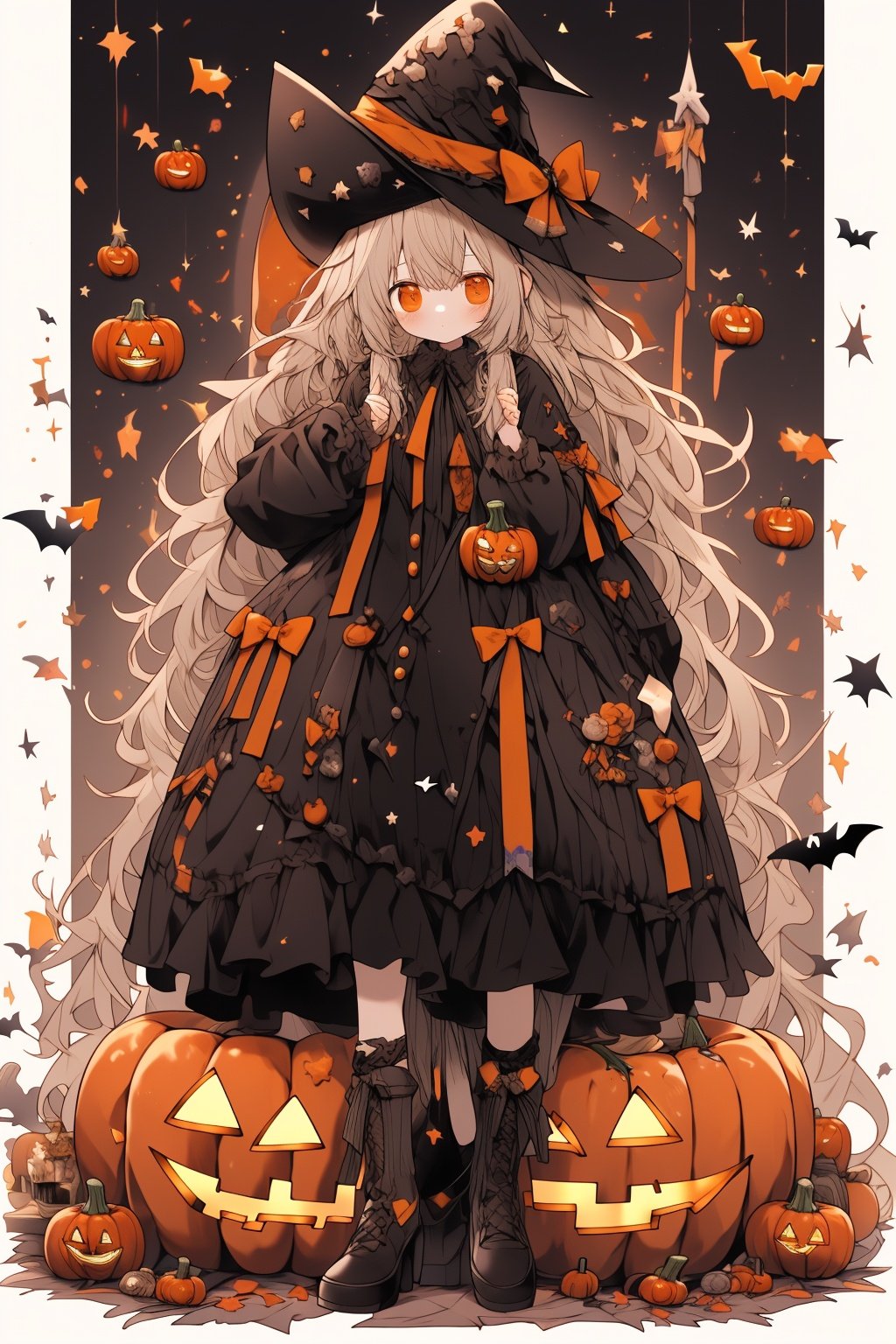  Best quality, 8k, cg,1girl,Halloween Dressing,jack-o'-lantern,basketball,candle,black_footwear,black_headwear,autumn_leaves