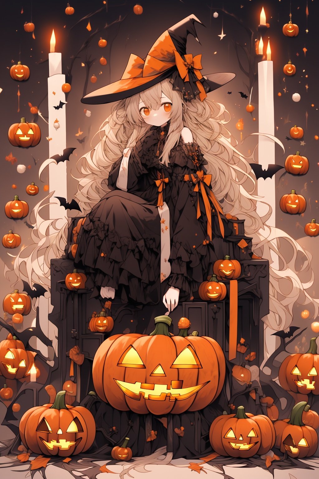  Best quality, 8k, cg,1girl,Halloween Dressing,jack-o'-lantern,basketball,candle,black_footwear,black_headwear,autumn_leaves