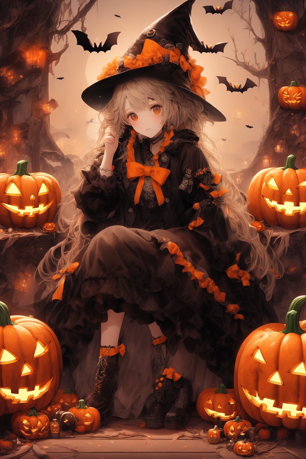  Best quality, 8k, cg,1girl,Halloween Dressing,jack-o'-lantern,basketball,candle,black_footwear,black_headwear,autumn_leaves