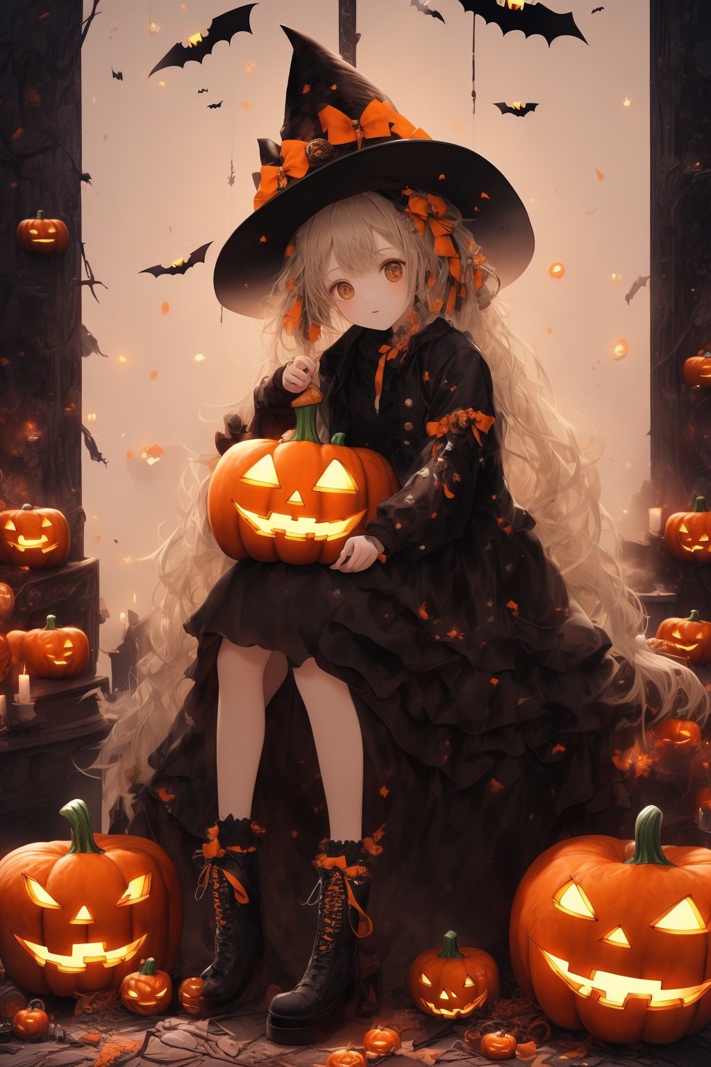  Best quality, 8k, cg,1girl,Halloween Dressing,jack-o'-lantern,basketball,candle,black_footwear,black_headwear,autumn_leaves