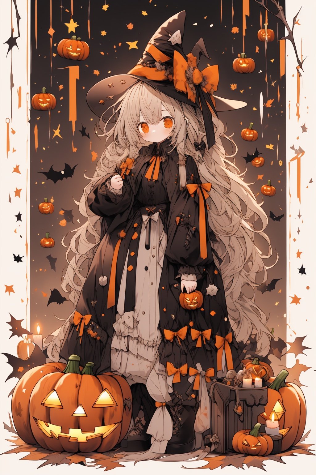  Best quality, 8k, cg,1girl,Halloween Dressing,jack-o'-lantern,basketball,candle,black_footwear,black_headwear,autumn_leaves