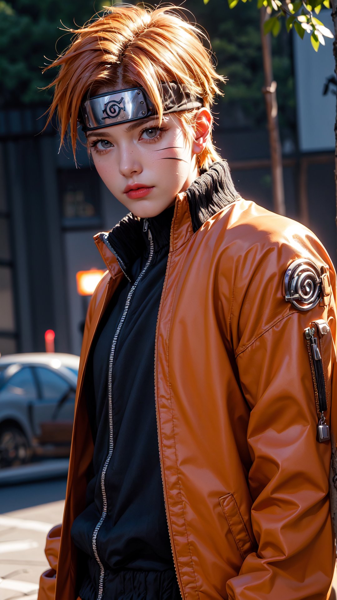 (best quality, masterpiece:1.2), photorealistic, ultra high res, front lighting, intricate detail, Exquisite details and textures, n4rut0, 1boy, (facial mark), solo, whisker markings, forehead protector,spiked hair, (orange hair),looking at viewer, blue eyes, jacket, (konohagakure symbol), short hair, long sleeves, ninja, detailed face, professional lighting, photon mapping, radiosity, physically-based rendering,n4rut0,Germany Male