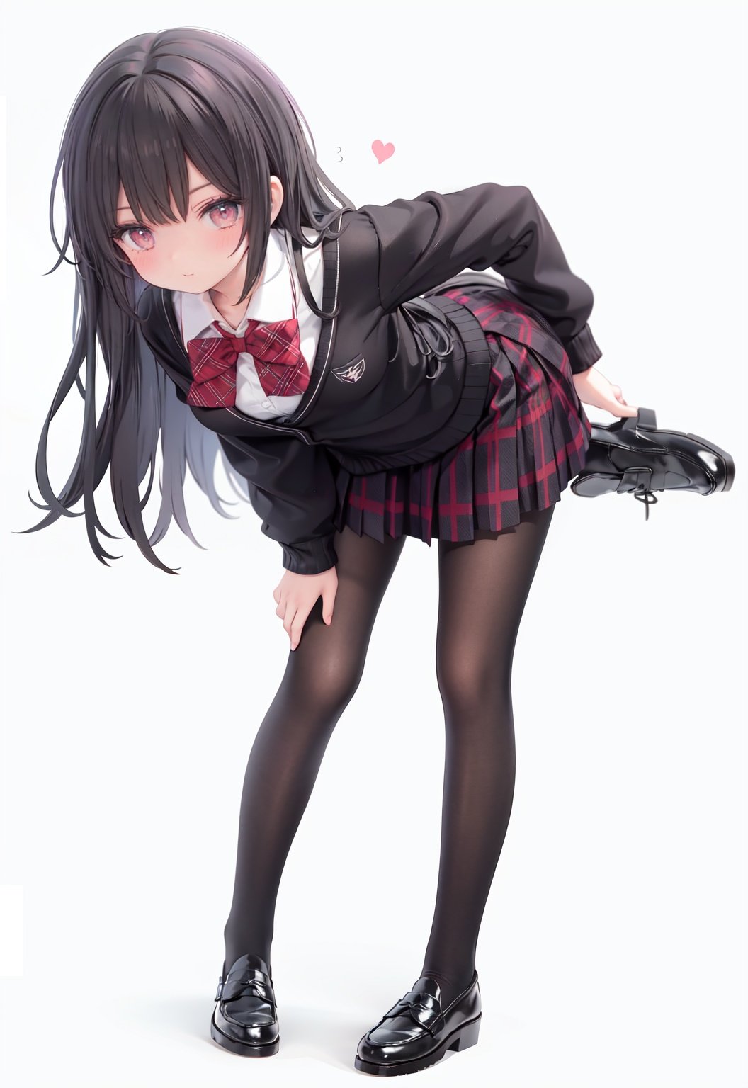  1girl, solo, pantyhose, skirt, long hair, loafers, shoes, simple background, school uniform, brown eyes, plaid, black pantyhose, plaid skirt, looking at viewer, black hair, pantyhose pull, full body, clothes pull, black footwear, pleated skirt, leaning forward, bangs, long sleeves, bent over, cardigan, bow, bowtie, standing, closed mouth, pulled by self, grey background, blush, miniskirt, red bow, sweater, undressing