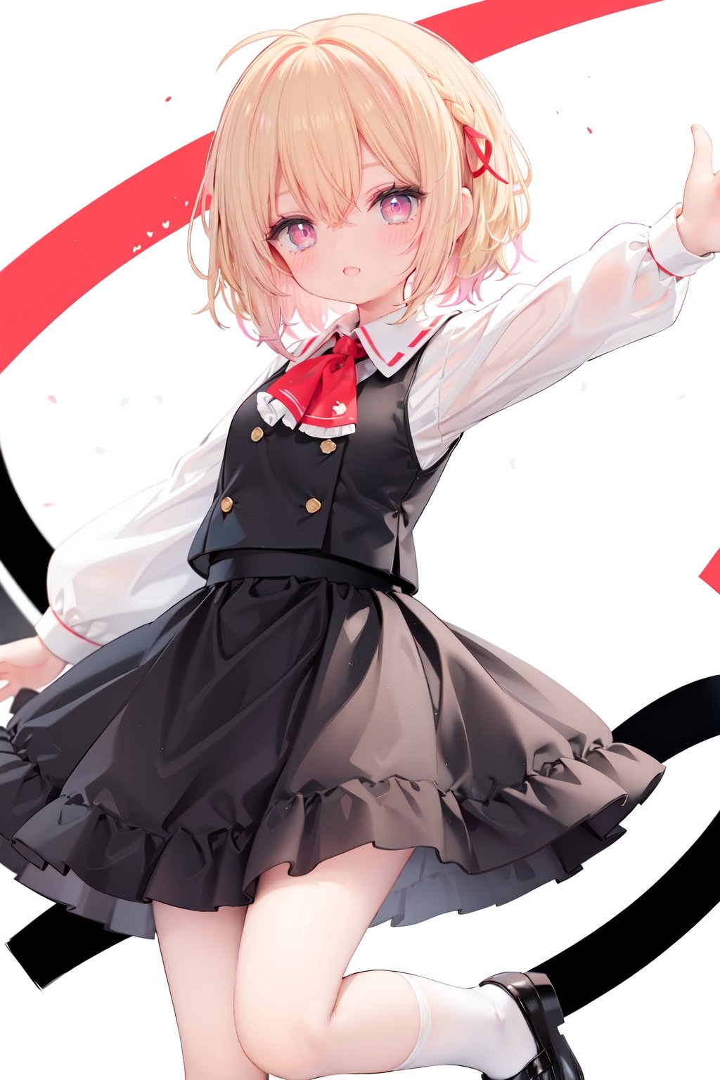  1girl, rumia, blonde hair, solo, white background, red eyes, red footwear, simple background, ascot, short hair, ribbon, open mouth, hair ribbon, smile, long sleeves, shirt, looking at viewer, red ascot, white socks, white shirt, red ribbon, shoes, socks, frills, bangs, outstretched arms, hair between eyes, skirt, :d, dress, vest, mary janes, black dress, black skirt, collared shirt, black vest, blush