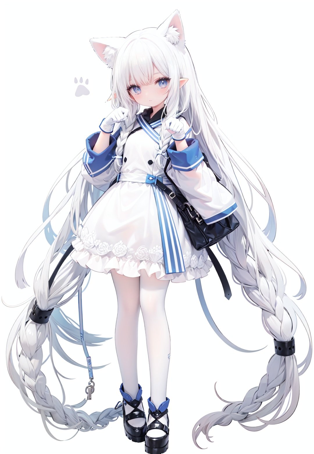  1girl, white_gloves, braid, full_body, gloves, long_hair, official_alternate_costume, pointy_ears, simple_background, solo, standing, very_long_hair, white_background, white hair, blue eyes, paw claw pose, open_mouth