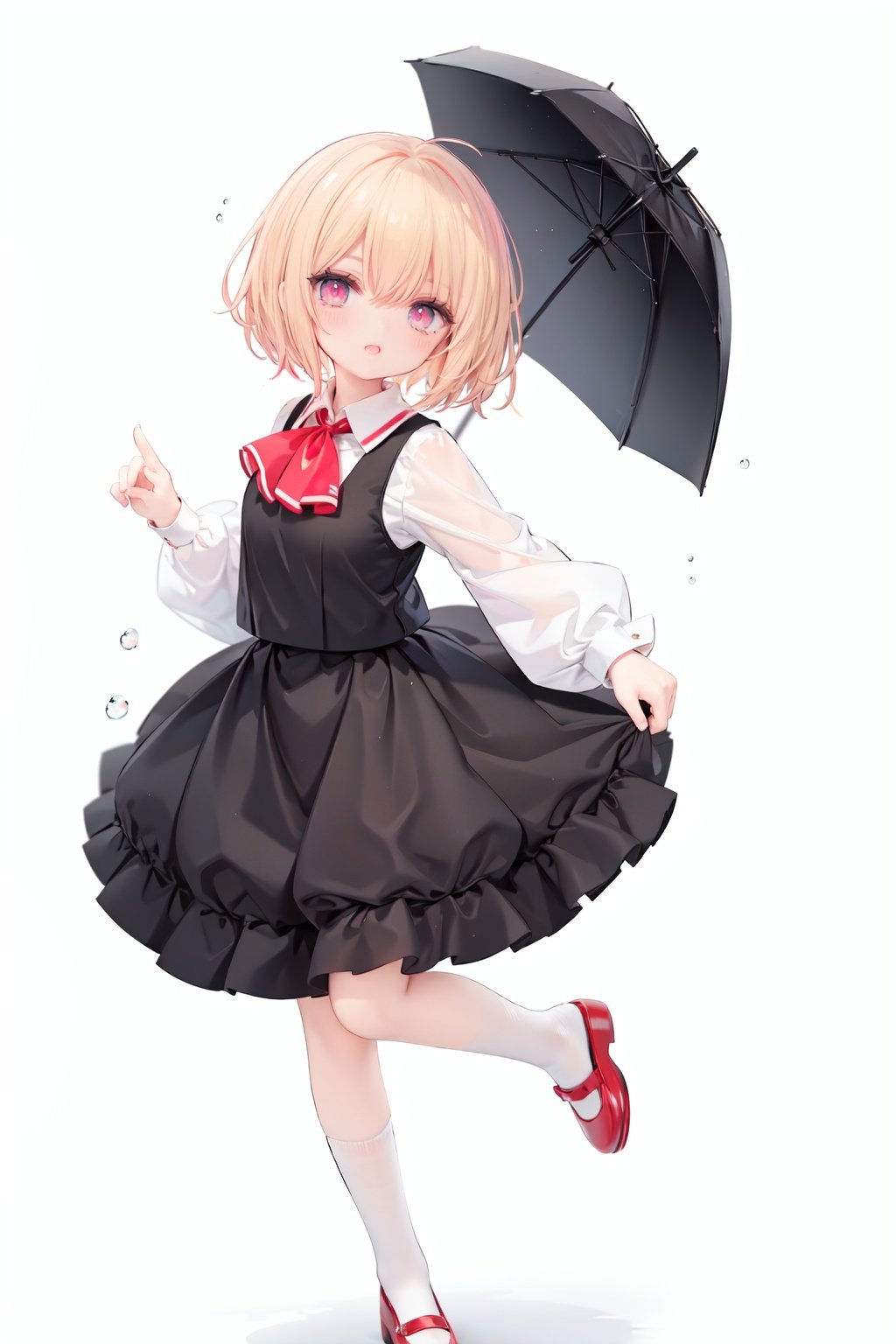  1girl, rumia, blonde hair, solo, white background, red eyes, red footwear, simple background, ascot, short hair, ribbon, open mouth, hair ribbon, smile, long sleeves, shirt, looking at viewer, red ascot, white socks, white shirt, red ribbon, shoes, socks, frills, bangs, outstretched arms, hair between eyes, skirt, :d, dress, vest, mary janes, black dress, black skirt, collared shirt, black vest, blush