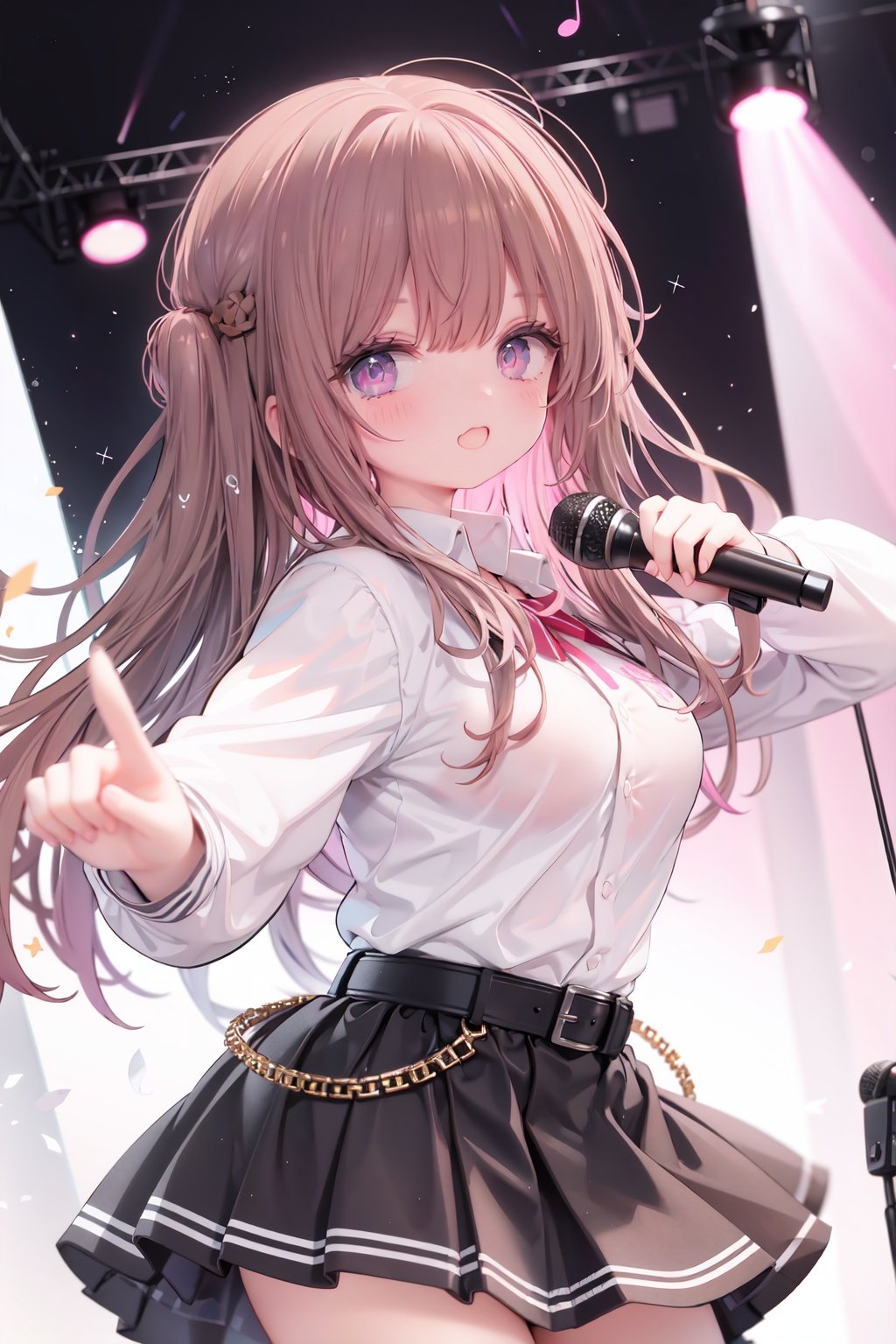  1girl, solo, microphone, smile, skirt, blush, brown eyes, long hair, open mouth, looking at viewer, brown hair, long sleeves, :d, shirt, bangs, belt, breasts, pink shirt, outstretched arm, music, black belt, medium breasts, holding microphone, singing