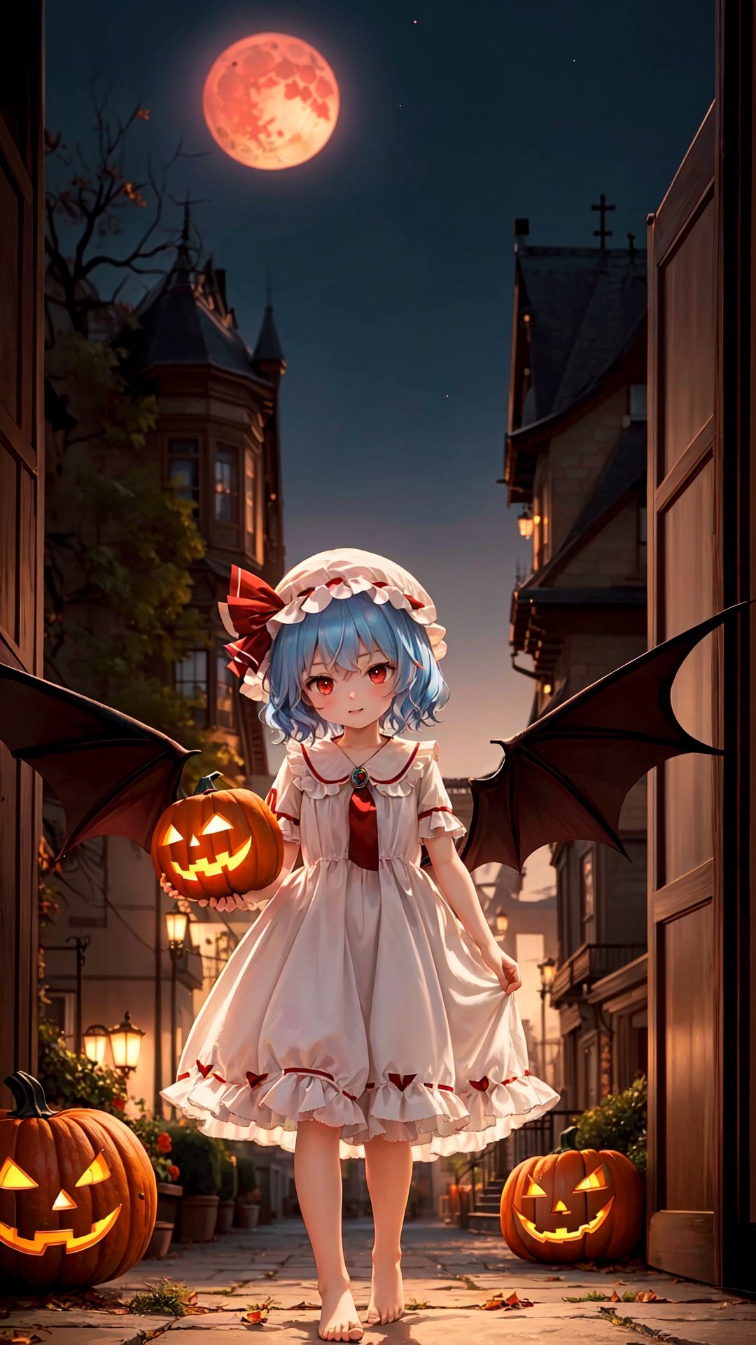 レミリア・スカーレット, ((red moon)), night, bat swarm, ((((remilia_scarlet))),Remilia Scarlet, (((1 loli))),(((9 years old))), ((little girl)), ribbon,Blue Hair,short hair,disheveled hair ,bat wing,DECAYING BAT WINGS,White Dress,red_moon, wings, solo, bloomers, hat_ribbon, barefoot, red_eyes, looking_at_viewer,

万圣节,Halloween Background,no humans, scenery, tree, jack-o'-lantern, pumpkin, halloween, house, building, door, outdoors