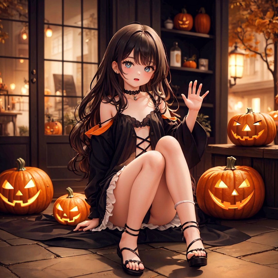  Original Character,(wallpaper, masterpiece, best quality, ultra-detailed, best shadow),Shallow Depth of Field,Portrait Of Stunningly Beautiful Girl,1girl,solo,bright pupils,(Highest Quality, Amazing Details:1.25),Lovely Small Breasts,full body,The hollowed out clothes,wavy hair,long hair,bandage,pumpkin,jack-o'-lantern,halloween,choker,👋,,HalloweenBackground