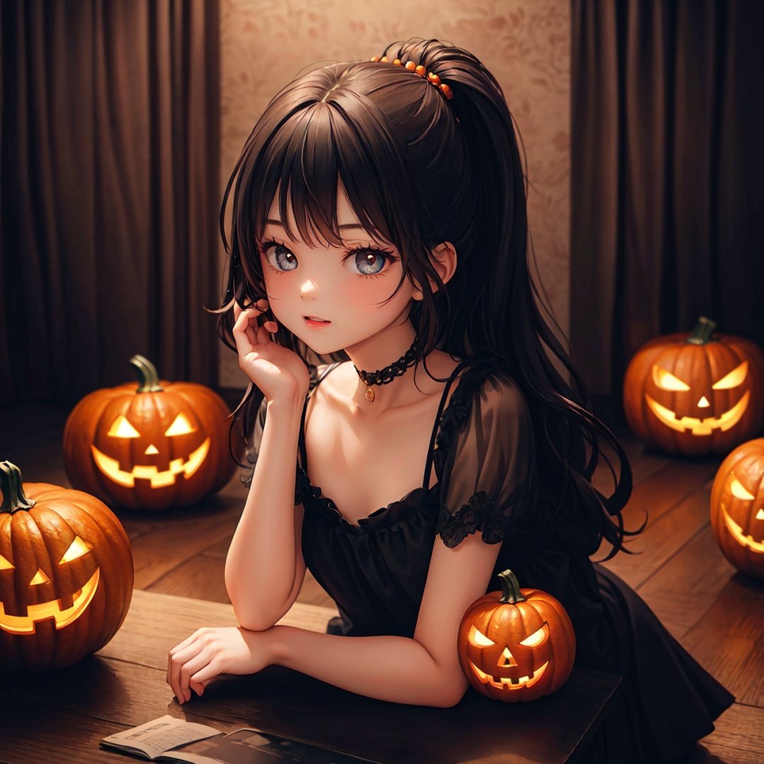  Original Character,(wallpaper, masterpiece, best quality, ultra-detailed, best shadow),Shallow Depth of Field,Portrait Of Stunningly Beautiful Girl,1girl,solo,bright pupils,(Highest Quality, Amazing Details:1.25),Lovely Small Breasts,full body,The hollowed out clothes,wavy hair,long hair,bandage,pumpkin,jack-o'-lantern,halloween,choker,👋,,HalloweenBackground