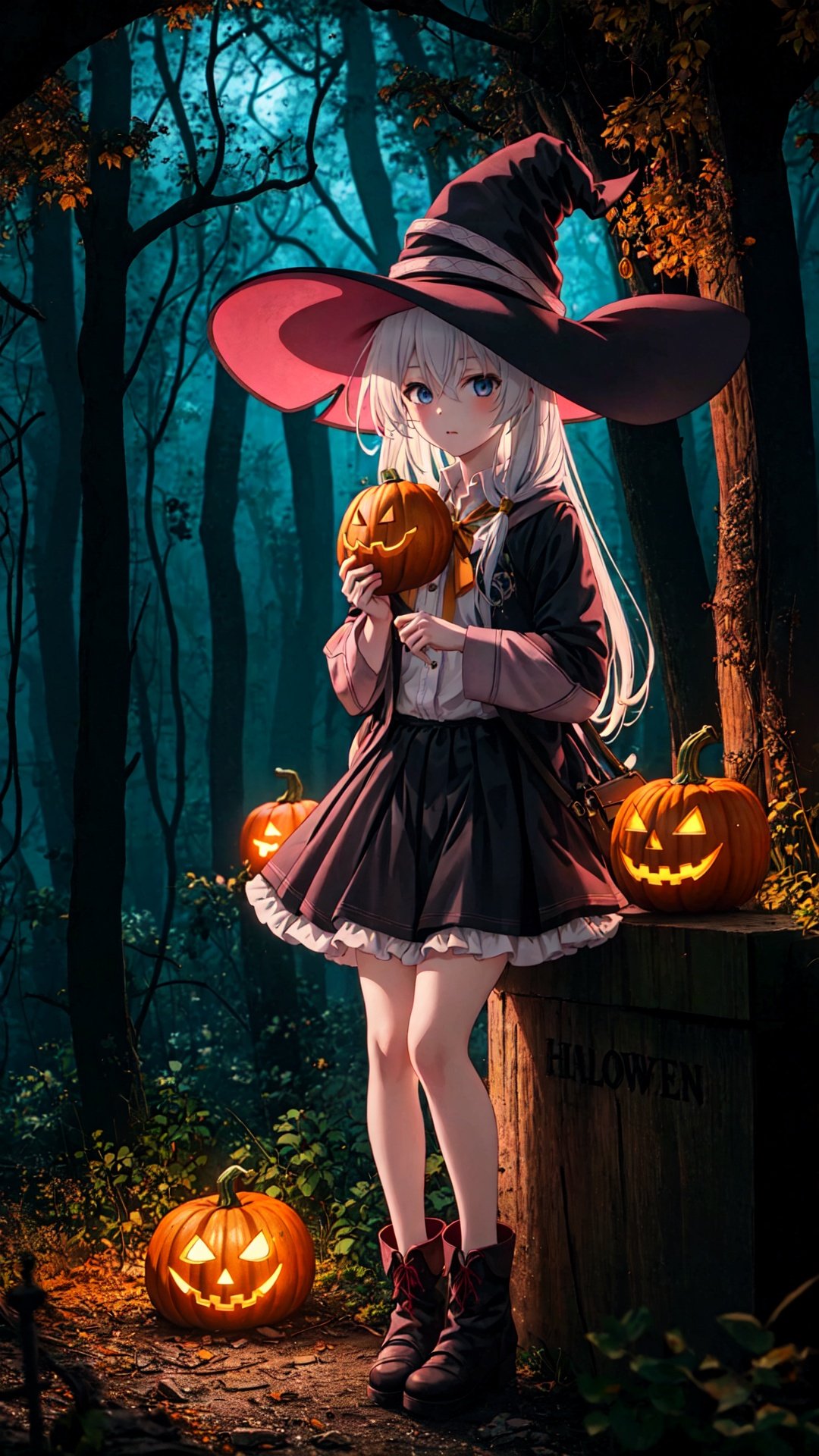 1girl, hat, elaina (majo no tabitabi), solo, witch hat, long hair, blue eyes, sitting, looking at viewer, skirt, shirt, white hair, witch, ribbon, white shirt, boots, tower, blush, bangs, long sleeves, hair between eyes, holding, collared shirt, elaina \(majo no tabitabi\),
万圣节,Halloween Background,jack-o'-lantern, no humans, pumpkin, halloween, scenery, bare tree, tombstone, tree, night, graveyard, nature, forest, dark, outdoors