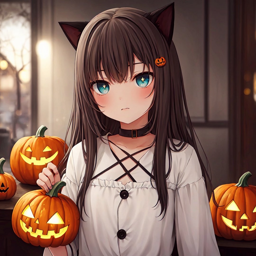 Original Character,(wallpaper, masterpiece, best quality, ultra-detailed, best shadow),Shallow Depth of Field,Portrait Of Stunningly Beautiful Girl,1girl,solo,bright pupils,(Highest Quality, Amazing Details:1.25),Lovely Small Breasts,full body,The hollowed out clothes,wavy hair,long hair,bandage,pumpkin,jack-o'-lantern,halloween,choker,👋,,