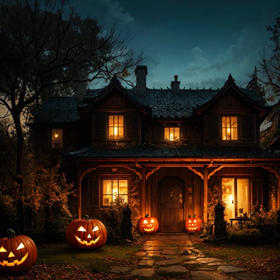 万圣节,Halloween Background,no humans, scenery, tree, jack-o'-lantern, pumpkin, halloween, house, building, door, outdoors