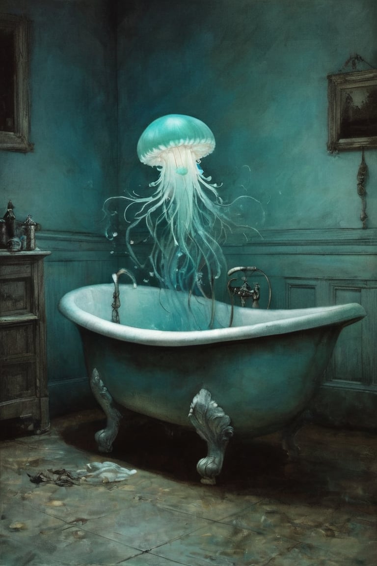 -Bioluminescent jellyfish in an abandoned clawfoot bathtub by Arthur Rackham