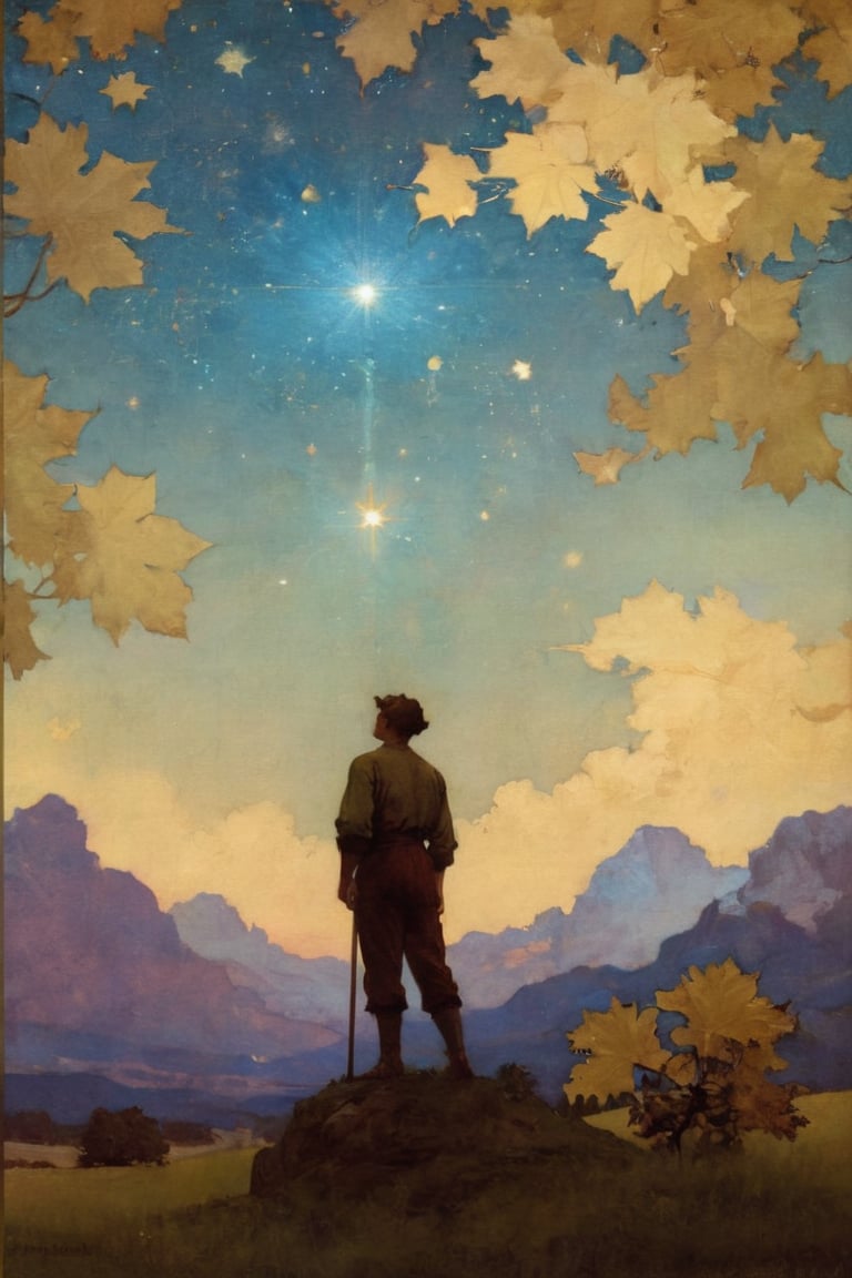 Man in a field of glowing stars with a goldenleaf by Maxfield Parrish