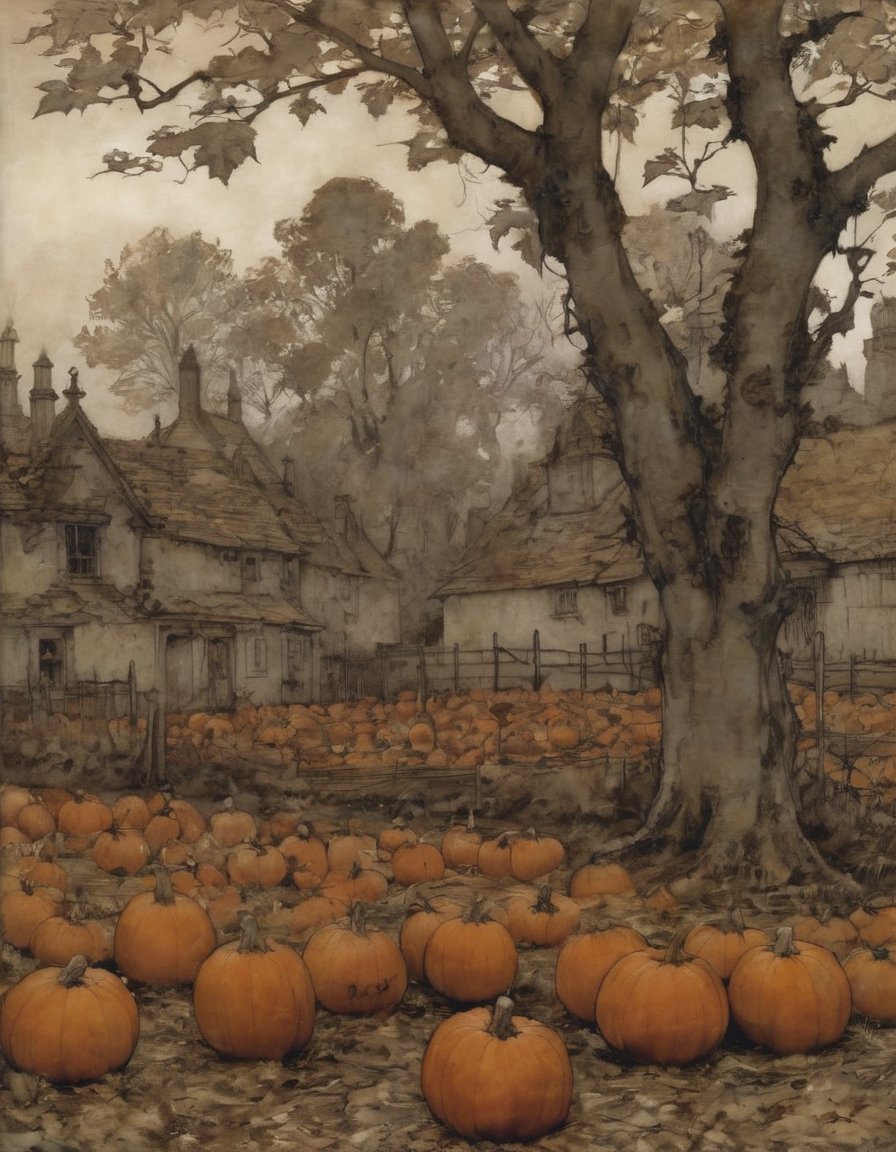 Sycamore trees in the shadow of an abandoned pumpkin patch by Arthur Rackham