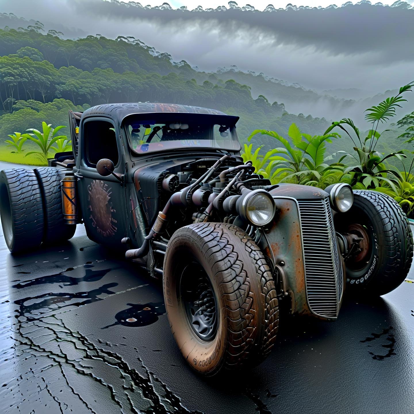 rat_rod, at lonley highway on an alien planet, rainforrest, hyper detailed, waterfall, backside,,