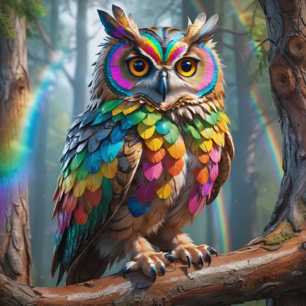 Owl with rainbow feathers sitting on a tree, portrait, 8k, uhd, trending on artstation, sharp focus, studio photo, intricate details, highly detailed, by greg rutkowski