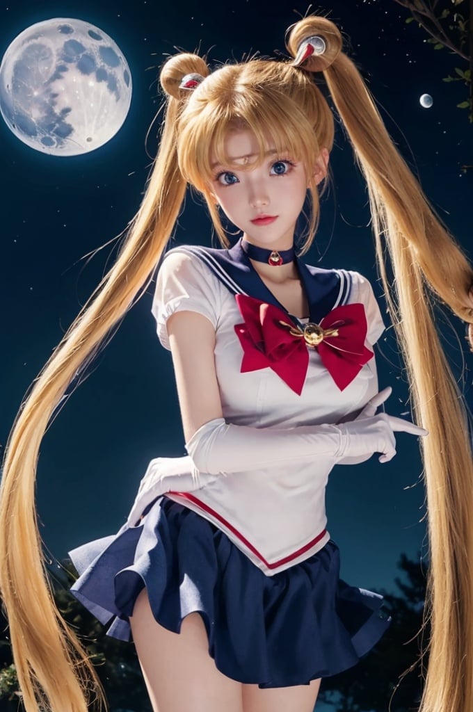  (best illumination, best shadow, extremely delicate and beautiful), (official art, beautiful and aesthetic:1.2), pose for picture,big_breast,
shuobingyue, 1girl, tsukino usagi, solo, sailor moon, long hair, blue sailor collar, sailor senshi uniform, sailor collar, magical girl, red bow, blonde hair, bow, skirt, boots, knee boots, twintails, red choker, gloves, choker, blue eyes, blue skirt, double bun, hair bun, white gloves, moon, elbow gloves, very long hair, back bow, full body