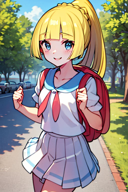 (masterpiece, best quality:1.2), highres, aalillie, long hair, ponytail, french braid, white shirt, short sleeves, white skirt, pleated skirt, , backpack, smile, street,