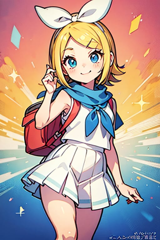 (masterpiece, best quality:1.2), a cartoon girl in a sailor outfit with a backpack and a scarf, loli in dress, rei hiroe, in anime style, anime girl, cute anime style, in an anime style, anime style character, cute anime girl, (anime girl), young anime girl, kagamine rin, an anime girl, small curvy loli, retro anime girl