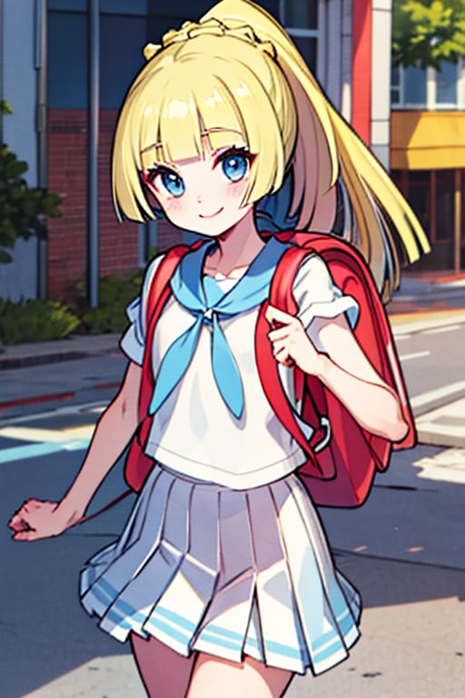 (masterpiece, best quality:1.2), highres, aalillie, long hair, ponytail, french braid, white shirt, short sleeves, white skirt, pleated skirt, , backpack, smile, street,