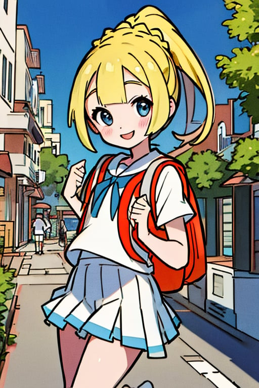 (masterpiece, best quality:1.2), highres, aalillie, long hair, ponytail, french braid, white shirt, short sleeves, white skirt, pleated skirt, , backpack, smile, street,