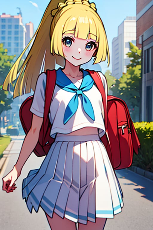 (masterpiece, best quality:1.2), highres, aalillie, long hair, ponytail, french braid, white shirt, short sleeves, white skirt, pleated skirt, , backpack, smile, street,