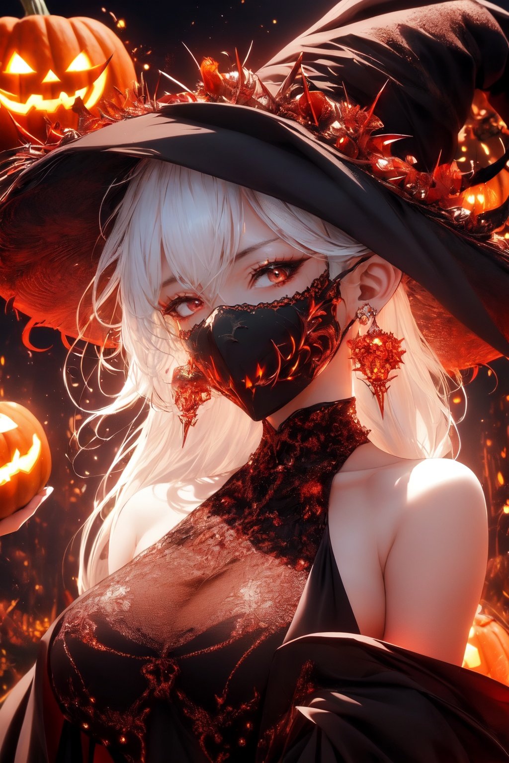 zichun,1girl,solo,earrings,jewelry,hat,red eyes,mask,jack-o'-lantern,pointy ears,looking at viewer,long hair,witch hat,halloween,upper body,dress,pumpkin,white hair,black dress,breasts,black headwear,glowing,bangs,closed mouth,witch,thorns,black background,lips,medium breasts,fire,artist name,english text,