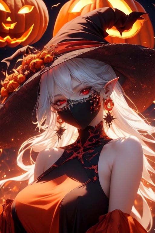 zichun,1girl,solo,earrings,jewelry,hat,red eyes,mask,jack-o'-lantern,pointy ears,looking at viewer,long hair,witch hat,halloween,upper body,dress,pumpkin,white hair,black dress,breasts,black headwear,glowing,bangs,closed mouth,witch,thorns,black background,lips,medium breasts,fire,artist name,english text,