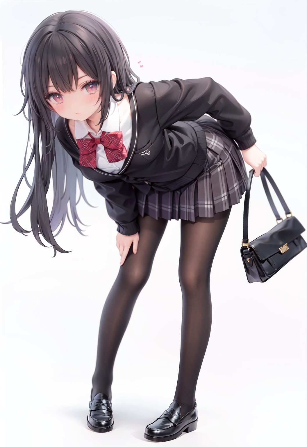  1girl, solo, pantyhose, skirt, long hair, loafers, shoes, simple background, school uniform, brown eyes, plaid, black pantyhose, plaid skirt, looking at viewer, black hair, pantyhose pull, full body, clothes pull, black footwear, pleated skirt, leaning forward, bangs, long sleeves, bent over, cardigan, bow, bowtie, standing, closed mouth, pulled by self, grey background, blush, miniskirt, red bow, sweater, undressing