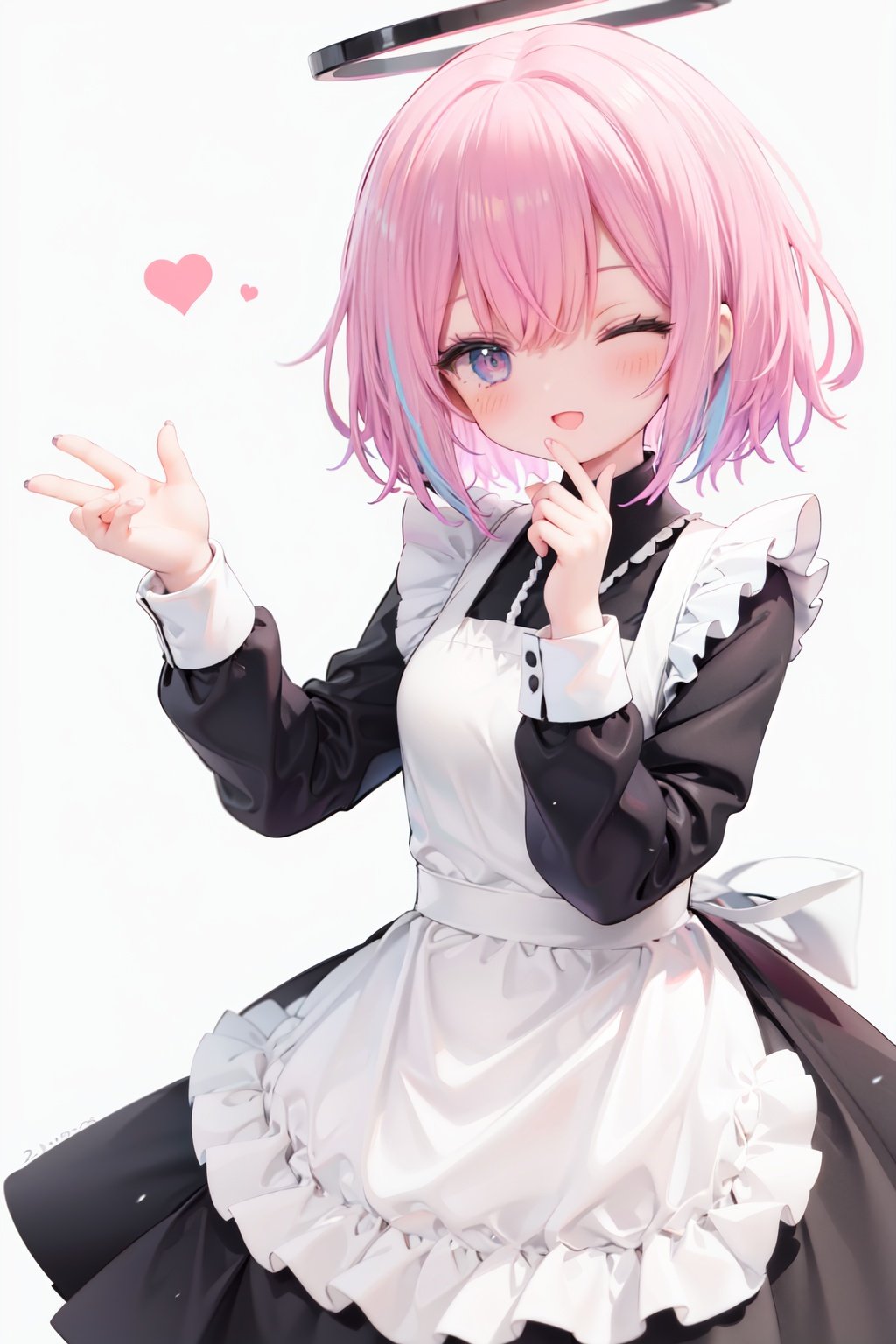  1girl, solo, apron, halo, hair over one eye, closed eyes, smile, white background, dress, white apron, simple background, long sleeves, multicolored hair, braid, open mouth, blue hair, alternate costume, blush, bangs, :d, pink hair, black dress, ribbon, frilled dress, enmaided, short hair, hand up, colored inner hair