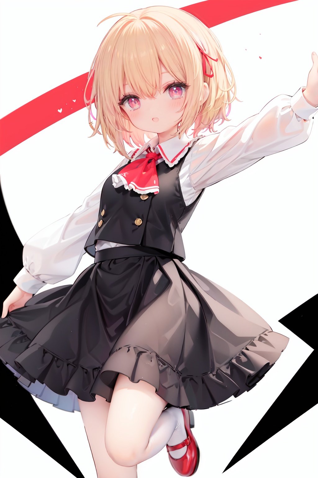  1girl, rumia, blonde hair, solo, white background, red eyes, red footwear, simple background, ascot, short hair, ribbon, open mouth, hair ribbon, smile, long sleeves, shirt, looking at viewer, red ascot, white socks, white shirt, red ribbon, shoes, socks, frills, bangs, outstretched arms, hair between eyes, skirt, :d, dress, vest, mary janes, black dress, black skirt, collared shirt, black vest, blush