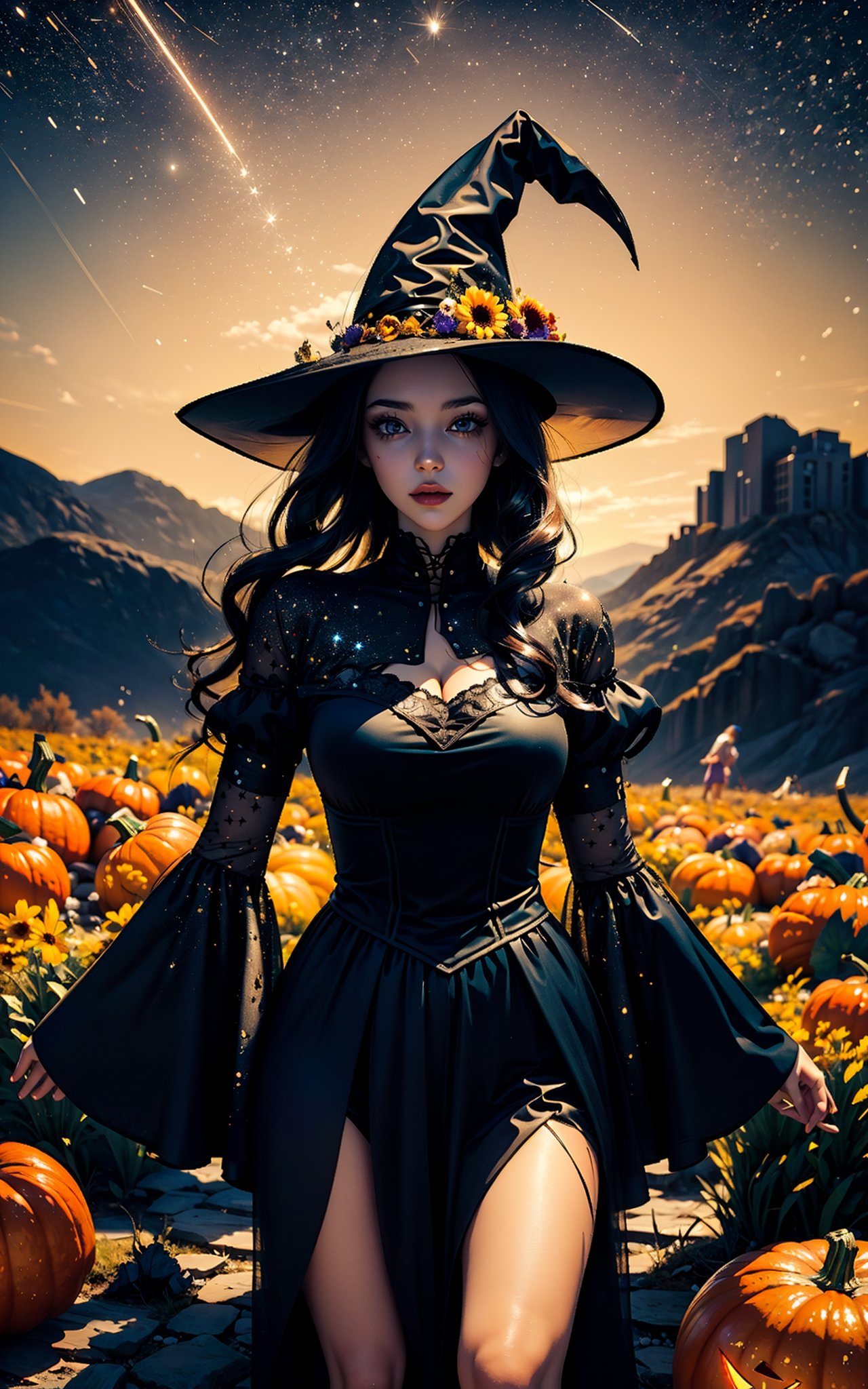 1girl with a halloween costume and a wizard hat looking at viewer, serperior, 8K render, best quality, (masterpiece, best quality, ultra-detailed, best shadow), In the style of Your Name, you find yourself standing with a pumpkin on a hilltop, surrounded by fields of vibrant flowers as far as the eye can see. In the distance, you see a shimmering comet streak across the sky, leaving a trail of glittering stardust in its wake,girl