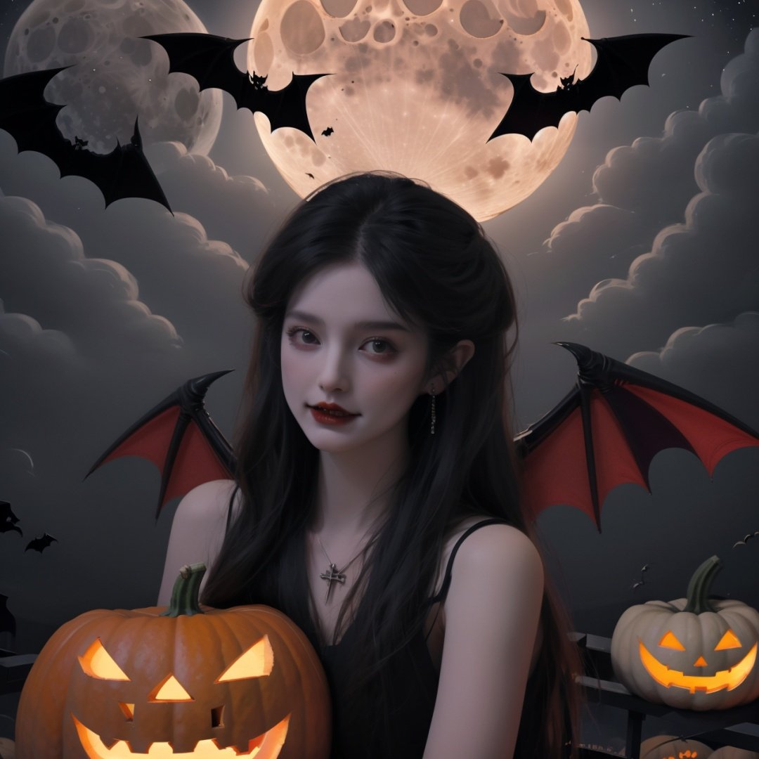  Best quality, 8k, cg,Halloween,jack-o'-lantern,bat,pumpkin,moon,1girl,demon